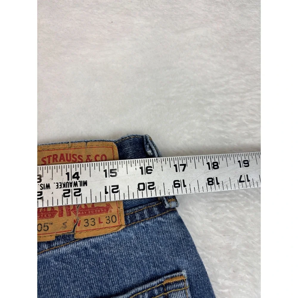 Levis 505 Mens 33x30 Jeans Medium Grungy Blue Washed Denim Nice High Low Fade